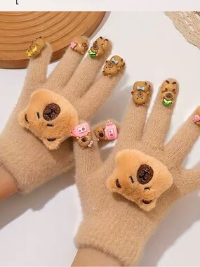 Capybara Kids Beige Bear Plush Finger Gloves with cute charm design